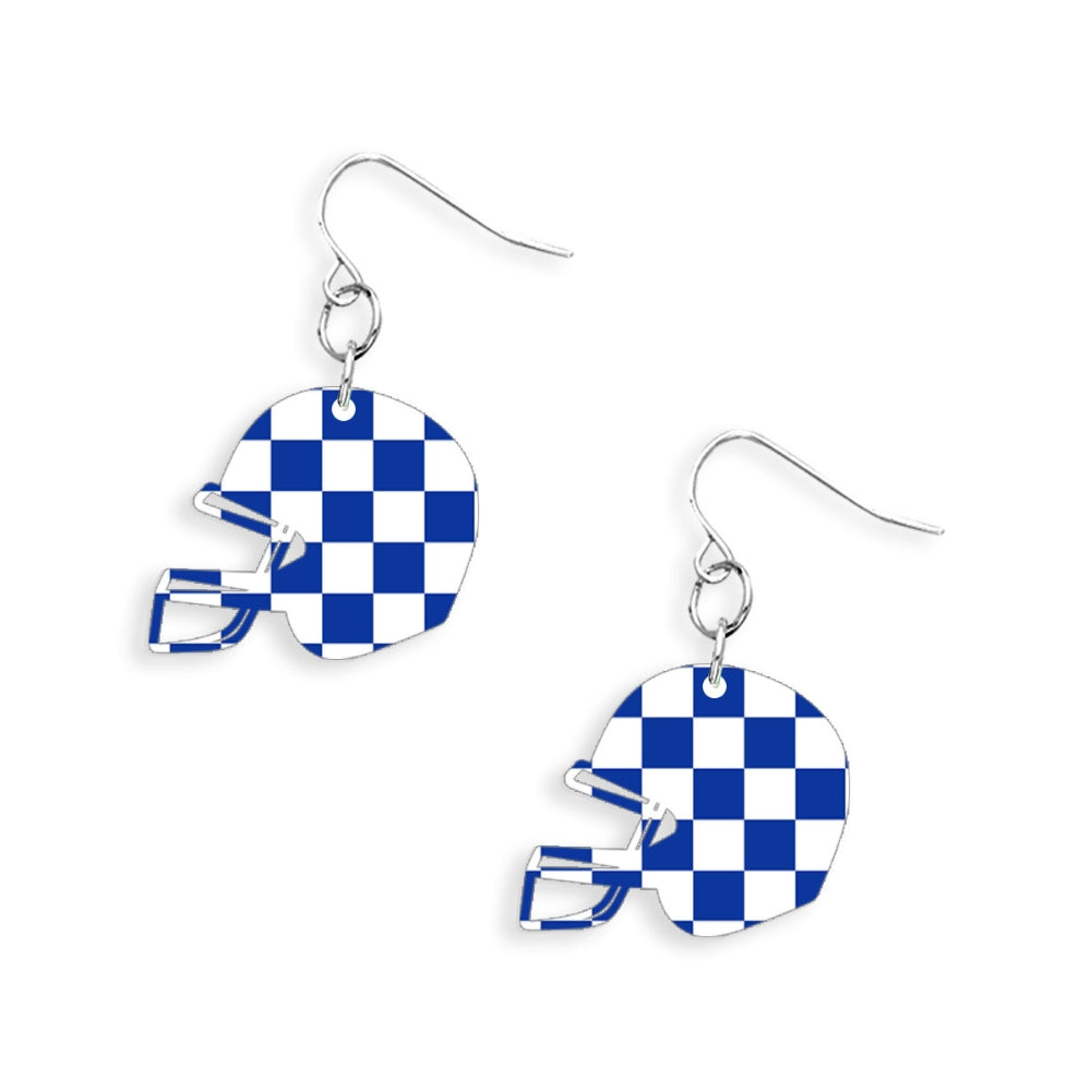 Football Helmet Royal Blue Checkerboard Earrings