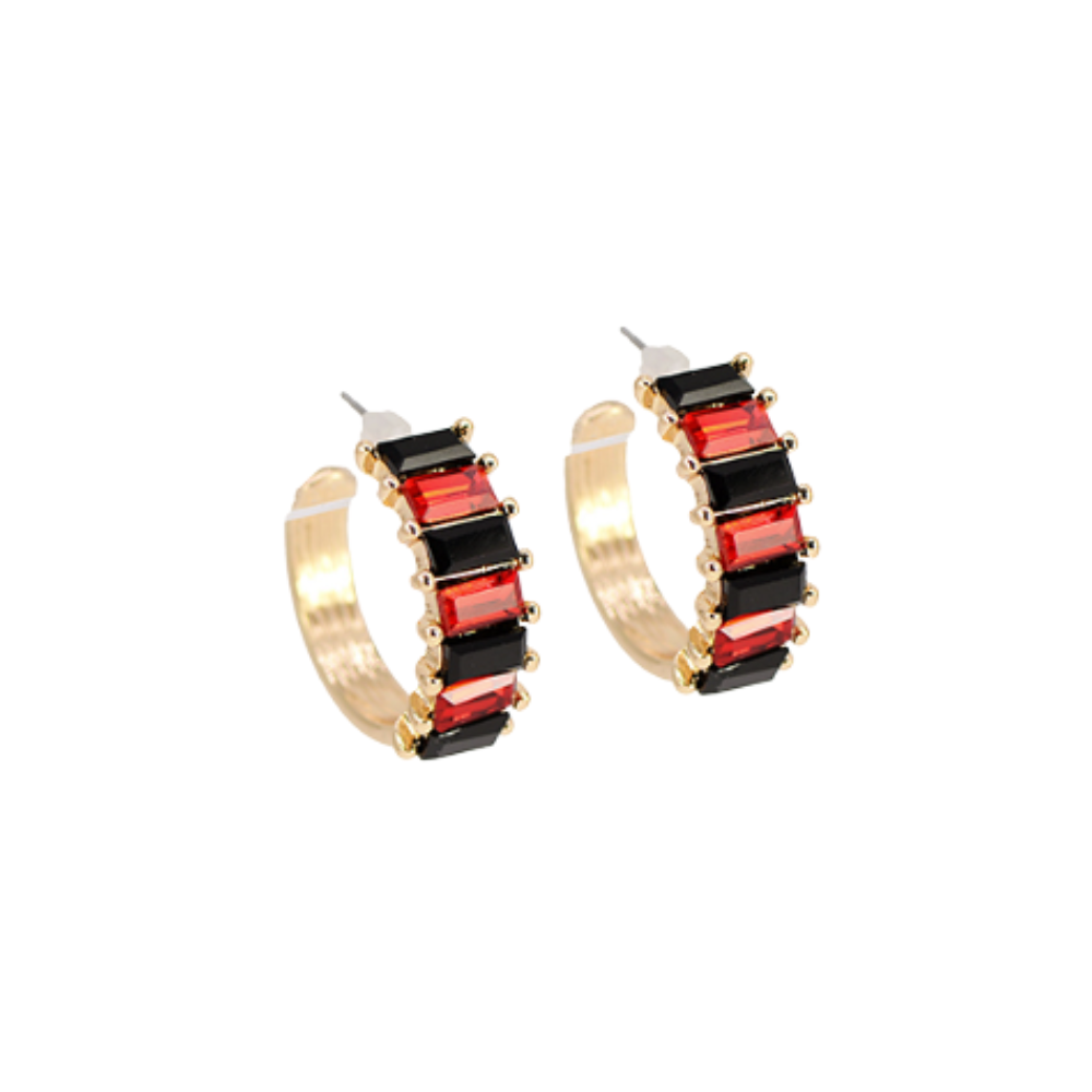 Red and Black Baguette Glass Hoop Earrings