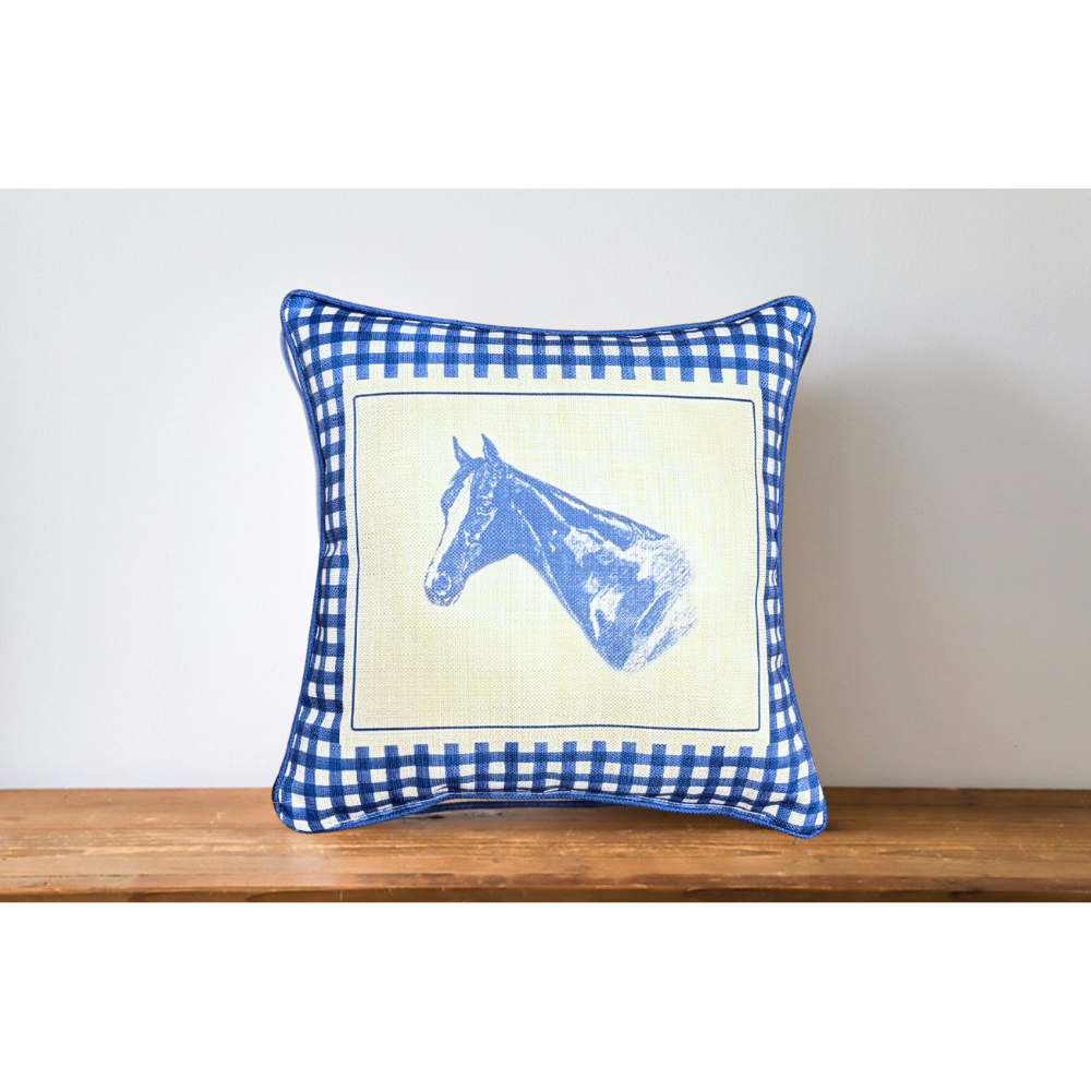 Kentucky Blue Gingham Horse Profile Pillow